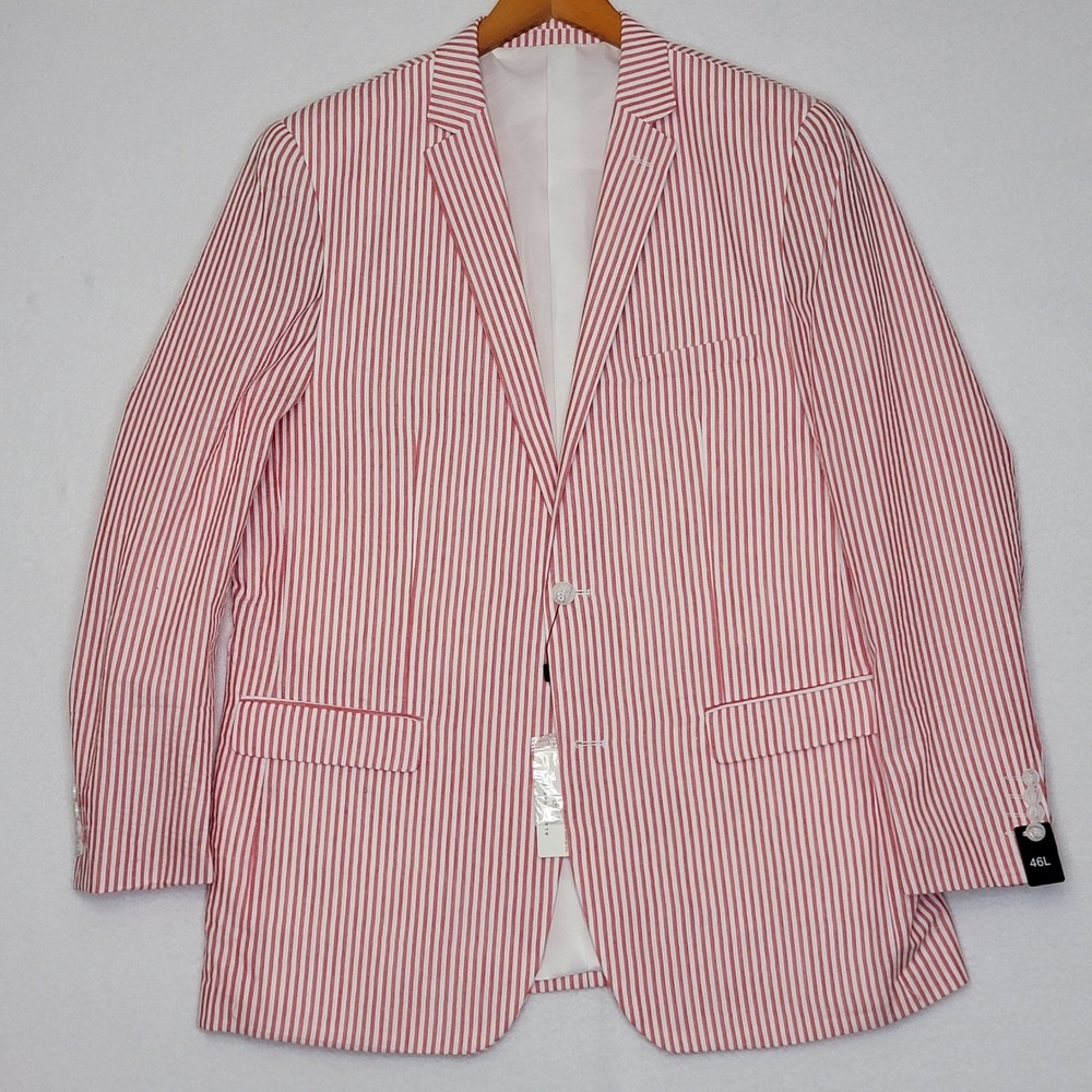 Alain Dupetit Mens Red White Seersucker Stripe Blazer Sport Coat 46L New